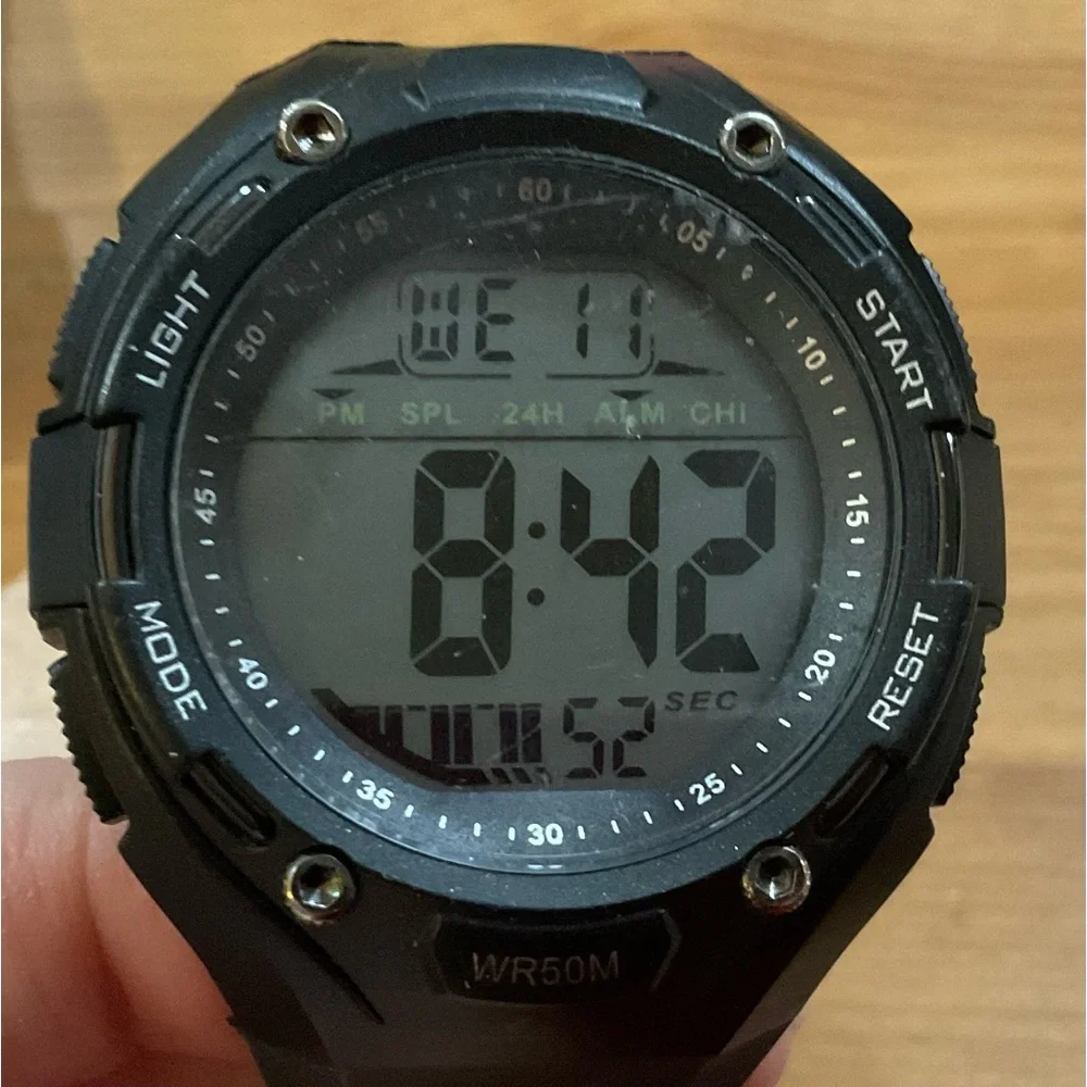 Brigadeon: BTW1801/ 5ATM Men’s black digital adjustable plastic wrist watch.